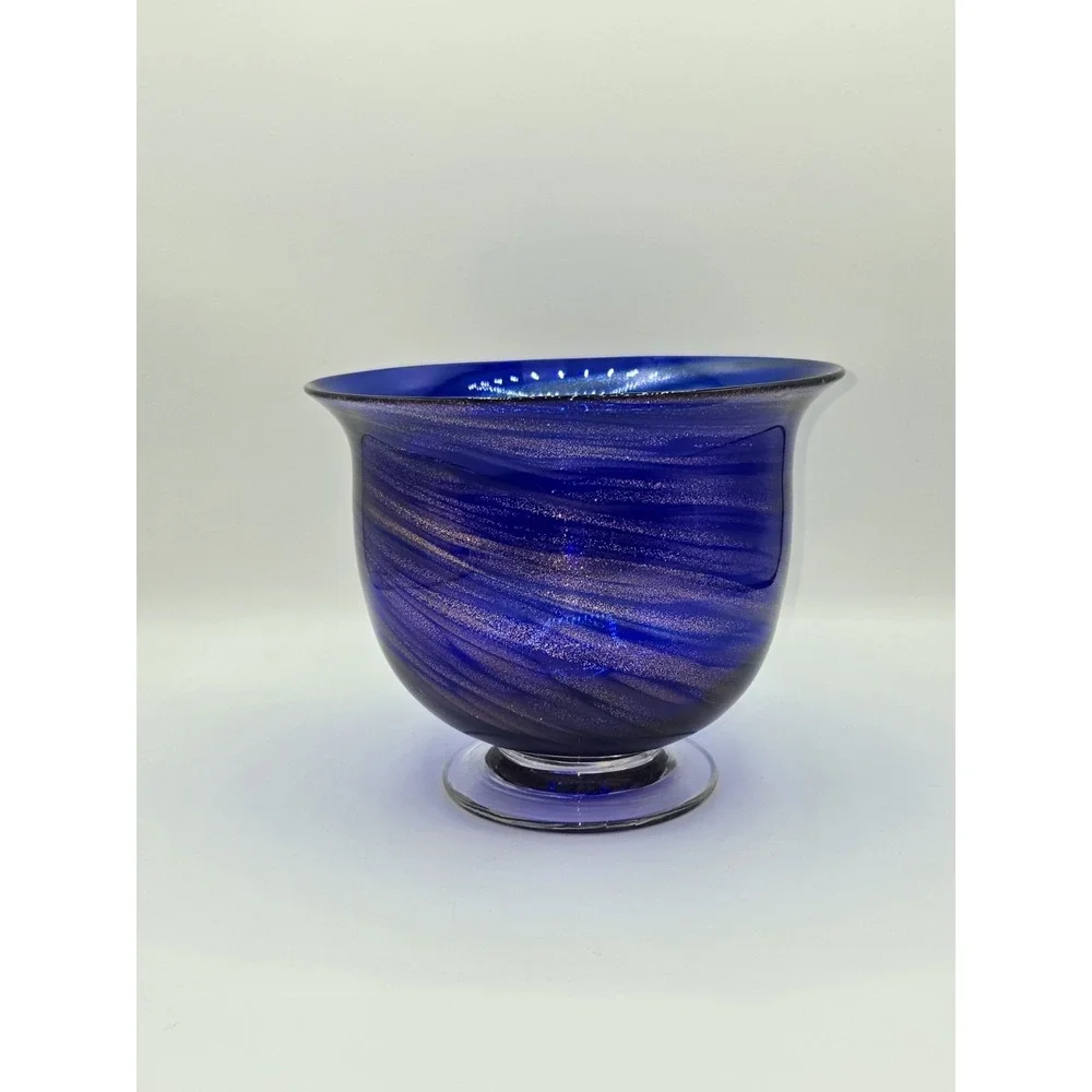 Cobalt Blue Art Glass Pedestal Vase Aventurine Swirl Hand Blown‎ Bowl Form